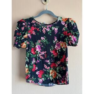Olivaceous Small Black Floral Puff Sleeve Blouse 100 Rayon Lined Romantic Top